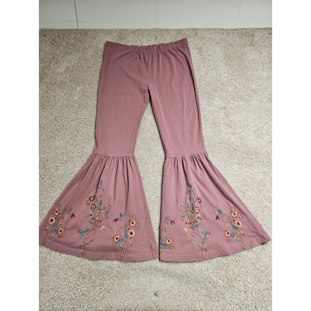 April Cornell Embroidered Bell Bottom Leggings Mauve Floral Flare Pants S Boho